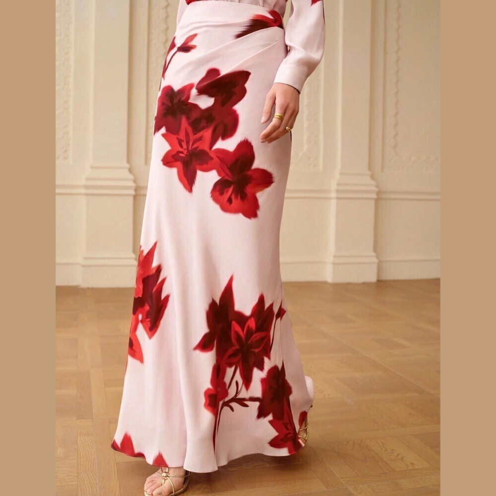 Blush Pink Red Floral Print Satin Maxi Skirt